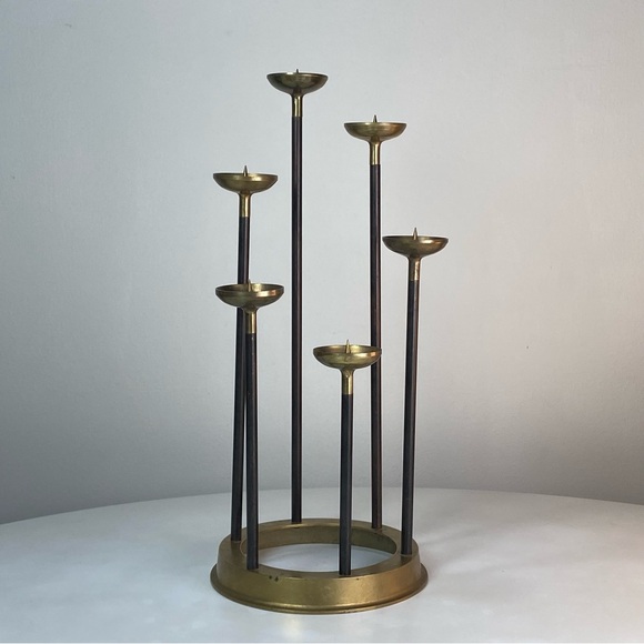 Vintage Mid Century Brass Copper Tiered Candlestick 6 Candle Holder Candelabra - Picture 5 of 13